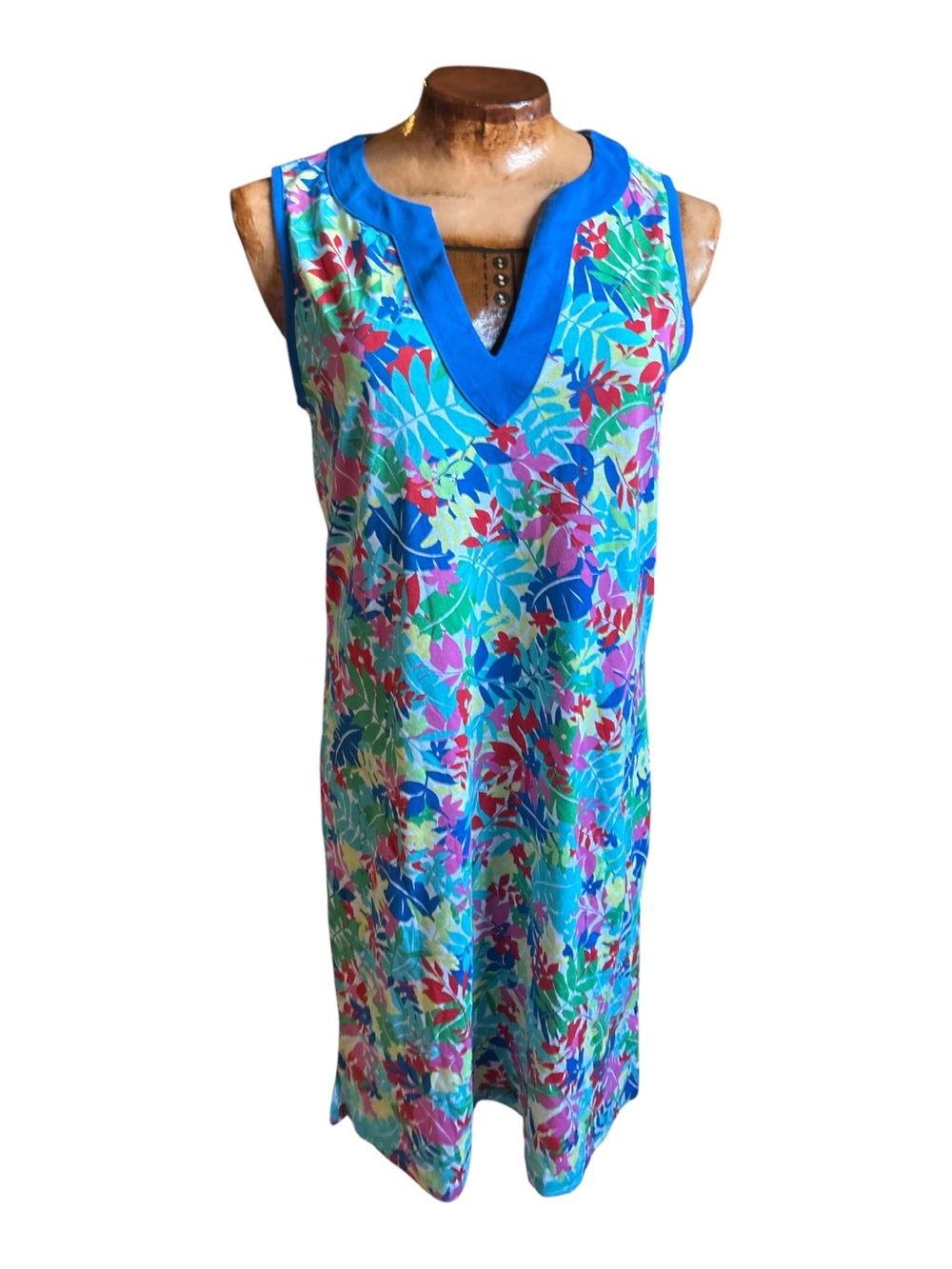 Women's Land's End Tropical Floral V-Neck Sleeveless Dress - Blue Multi Sm L - Picture 4 of 4